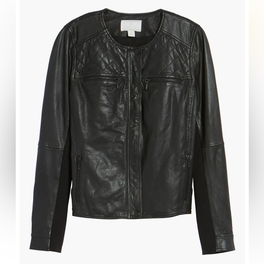 Nordstrom Caslon Women's Moto Collarless Leather Jacket Black XL Petite
